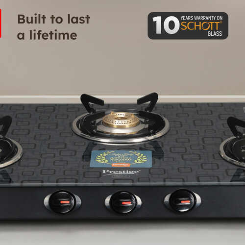 Prestige Premia Schott Glass Top Gas Stove (3 Burners) - GTS 03L (D) (Black)