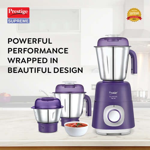 Prestige 750 Watts Supreme Mixer Grinder with 3 Stainless Steel Jars| Sturdy Handles| Durable Body| Purple