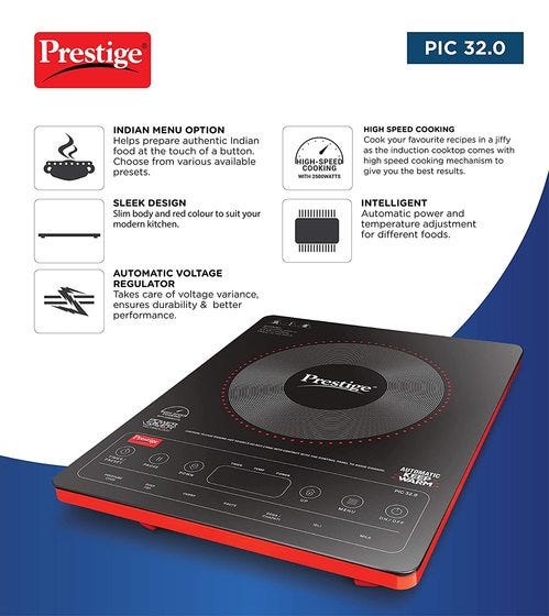 Prestige PIC 32.0 Induction Cooktop 2500W with Indian Menu Options (Red)