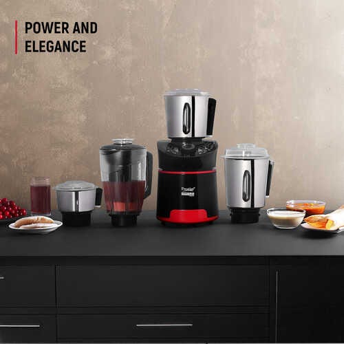 Prestige 1000 Watts Hercules with 4 Jars (3 Stainless Steel Jars + 1 Juicer Jar)| Juicing and Blending Jar with Sieve| Pure Copper Motor| Flow-Breaker Design |4 Super Efficient Blades| Red and Black