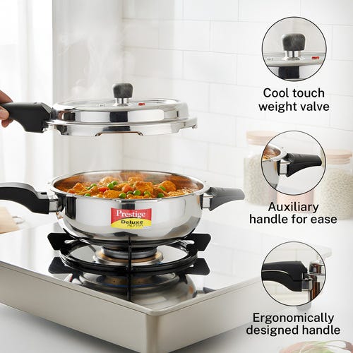 Prestige 4 Litre Stainless Steel Deluxe Alpha Svachh Outer Lid Senior Pressure Pan Cooker | 10Y Warranty| Deep Lid for Spillage Control | TRIPLY Base | GRS | Gas & Induction Compatible | ISI