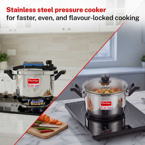 Prestige Svachh Flip-on Mini Stainless Steel Gas and Induction Compatible Pressure Cooker with Glass Lid, 3 Litre (Silver)