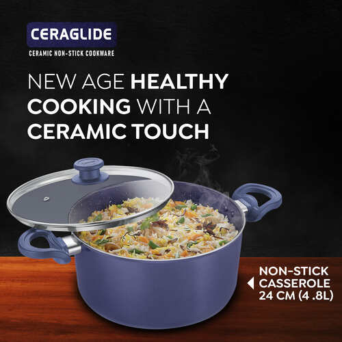 Prestige Ceraglide Ceramic Coating Non-Stick Aluminium Cookware Casserole 24 Cm (4.8 Litre) With Glass Lid