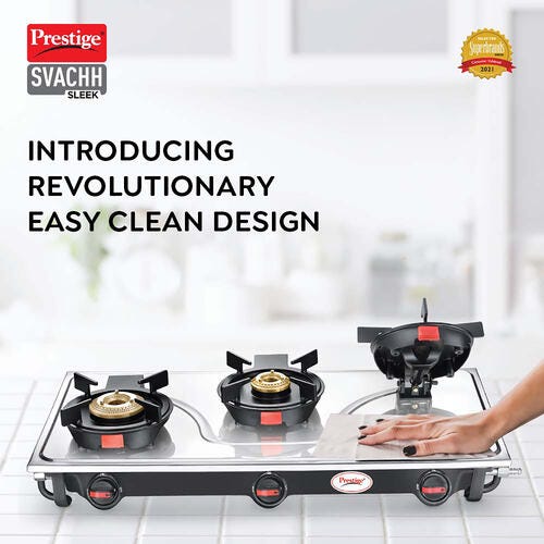 PRESTIGE SLEEK SVACHH GAS STOVE (WITH STAINLESS STEEL TOP AND 3 UNIT BRASS BURNER)