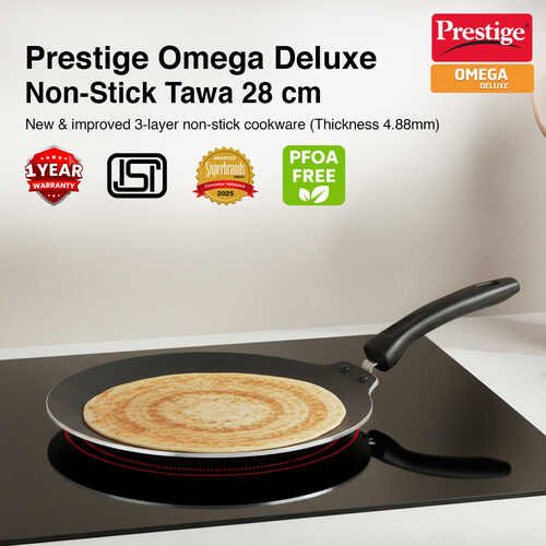 Prestige Omega Deluxe Induction Base Non-Stick Aluminium Flat Dosa Tawa, 28 cm, Red