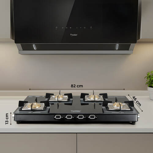 Prestige Vectra 4 Burner Glasstop Gas Stove|Superior Toughened Glass|Jumbo Brass Burner|3-Way Gas Inlet|360 Degree Revolving Nozzle|10 Years Warranty on Glass|Black