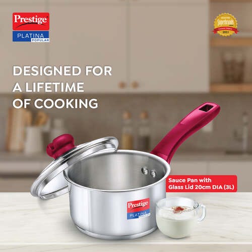 Prestige Platina Popular Stainless Steel Unique Impact Forged Bottom Sauce Pan with Glass Lid, 20cm (3 L) (Silver)