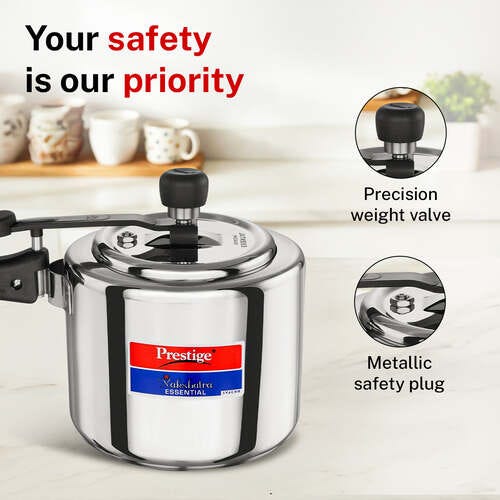 Prestige 3 Litre Stainless Steel Nakshatra Essential Svachh Inner Lid Pressure Cooker | Deep Lid for Spillage Control | TRIPLY Base | Safety Plug | Gas & Induction Compatible | 5Y Warranty | ISI