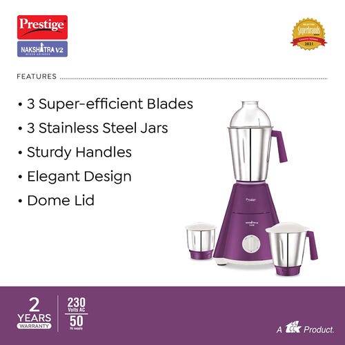 Prestige Nakshatra V2 Mixer Grinder 550W With 3 Stainless Steel Jars