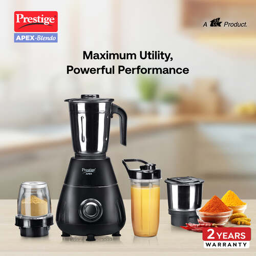 Prestige Apex Blendo 500 Watt Mixer Grinder with 4 Jars (2 Stainless Steel Jars + 2 Nutri Blend) | Super Efficient SS Blades | Black | 2Y Warranty | ISI Certified