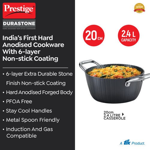 Prestige Durastone Hard Anodised 6 Layer Non-Stick Casserole with Glass Lid, (Black)