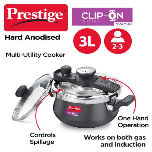 Prestige Clip-on Mini Svachh Hard Anodised Spillage Control Pressure Cooker with Glass Lid (Black)