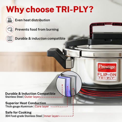 PRESTIGE FLIP-ON TRI-PLY STAINLESS STEEL PRESSURE COOKER 2 L 180m WITH GLASS LID