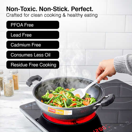 Prestige Omega Select Plus Aluminium Flat Base Non-Stick Coating Kadai with SS Lid, 25cm (Black)