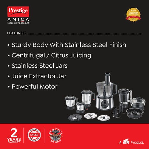 Amica Super Mixer Grinder 1000 W, 5 Jars (Black and Silver) with Multiple Accessories