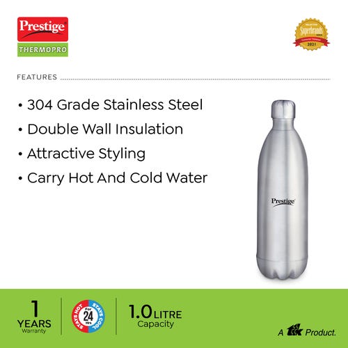 Prestige Thermopro PWSL 4 Stainless Steel Vacuum Water Bottle, 1 L (Silver)