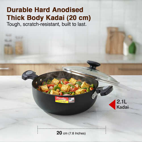Prestige Hard Anodised Plus Gas and Induction Compatible Kadai with Glass Lid, Black