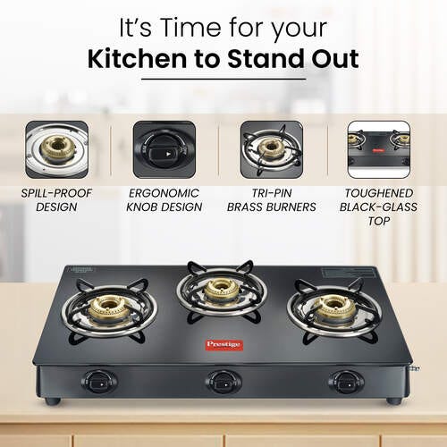 Prestige Iris Plus 3 Burner Auto Ignition Gas Stove | Toughened Glass Top | Tri-Pin Brass Burners | Ergonomic Knob | Black | 2Y Warranty | ISI Certified