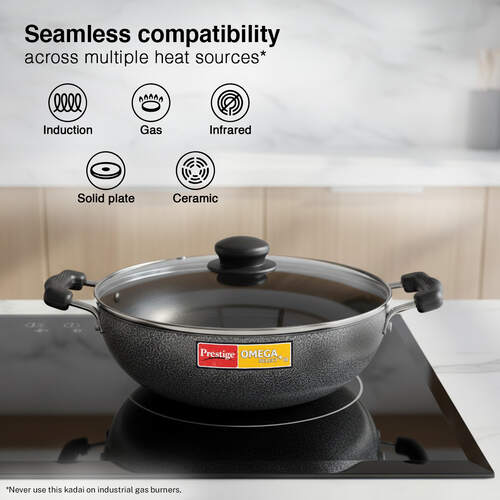 Prestige Omega Select Plus IB Non-Stick Cookware - Kadai 260 mm Dia. with Glass Lid (3.25 L)