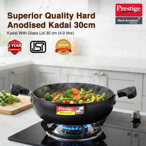 Prestige Hard Anodised Plus Gas and Induction Compatible Kadai with Glass Lid, 30 cm, Black