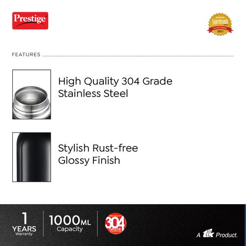 Prestige PSWBC 09 Stainless Steel Vacuum Water Bottle, 350ml (Black)