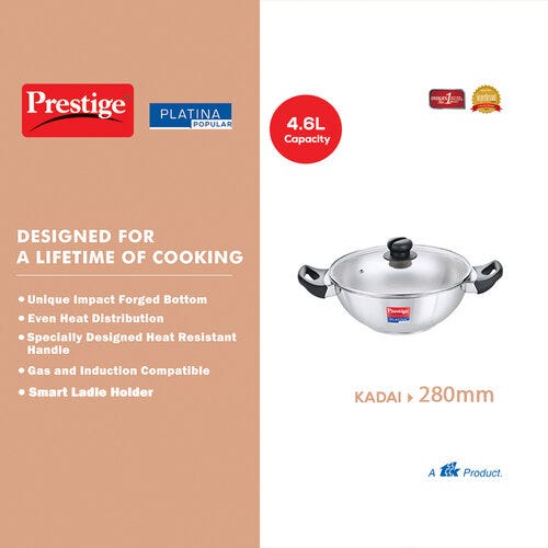 Prestige Platina Popular Stainless Steel Unique Impact Forged Bottom Kadai with Glass Lid 28cm (4.6 L) (Silver)