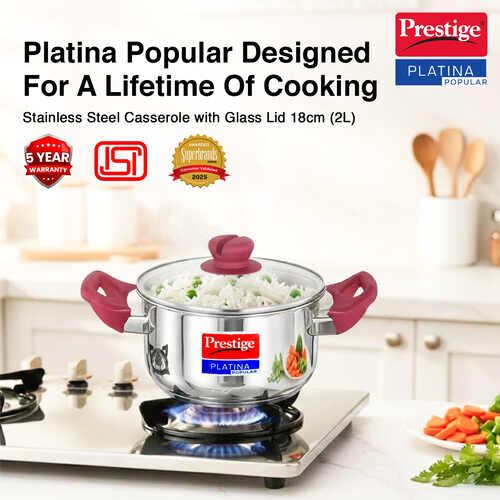 Prestige Platina Popular Stainless Steel Unique Impact Forged Bottom Casserole with Glass Lid - Silver
