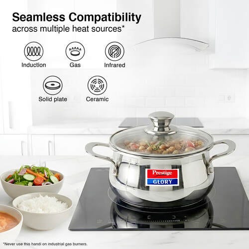 Prestige Glory Stainless Steel Cookware Handi 22 Cm / 5.0 L With Glass Lid