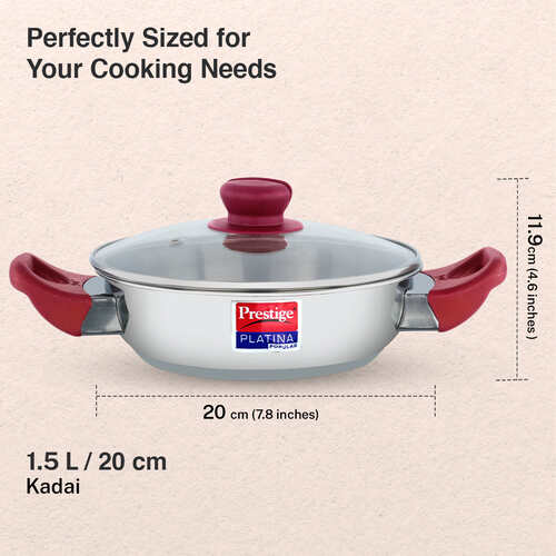 Prestige Platina Popular Stainless Steel Unique Impact Forged Bottom Kadai with Toughened Glass Lid, 20cm (1.5 L) (Silver)