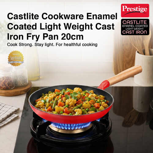 Prestige Castlite Enamel Coated Cast Iron Fry Pan | Lightweight, High Heat Retention | Enamel Coated | Gas & Induction Compatible|Low-Oil Cooking|Stay-Cool Handle | Easy Clean |15Y Warranty