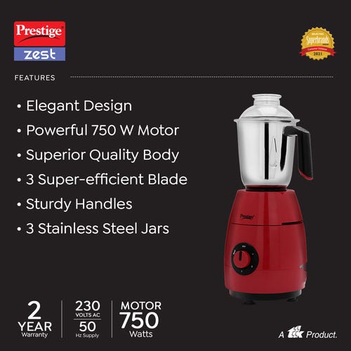 Prestige 750 Watts Zest Mixer Grinder with 3 Stainless Steel Jars| Elegant Design| Sturdy Handles| Red and Black