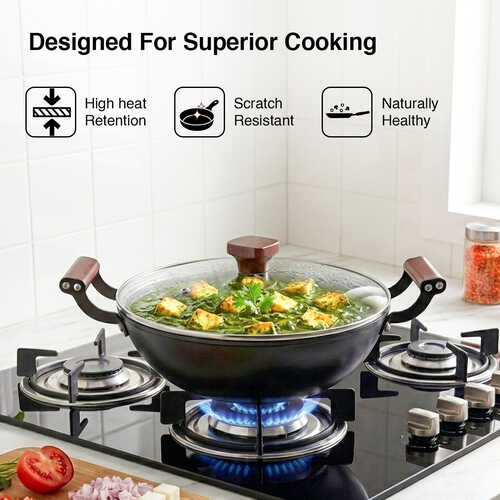 Prestige Lightweight Cast Iron Kadai 20cm/1.4L with Glass Lid | Castlite Series | High Heat Retention & Rust-Proof | Enamel Coated | Gas & Induction Compatible | 15Y Product Warranty