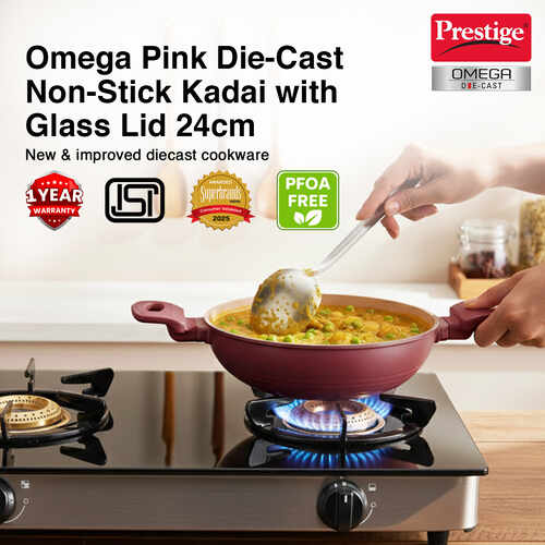 Prestige 24cm/2.4 Litre Omega Die-Cast Non-Stick Kadai with Glass Lid | 3-Layer Coating | Die-Cast Body | Metal Spoon Friendly | Heavy Base | Pink