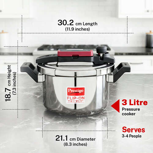 Prestige Flip-On Tri-Ply Stainless Steel Pressure Cooker 3 L 180M With Glass Lid