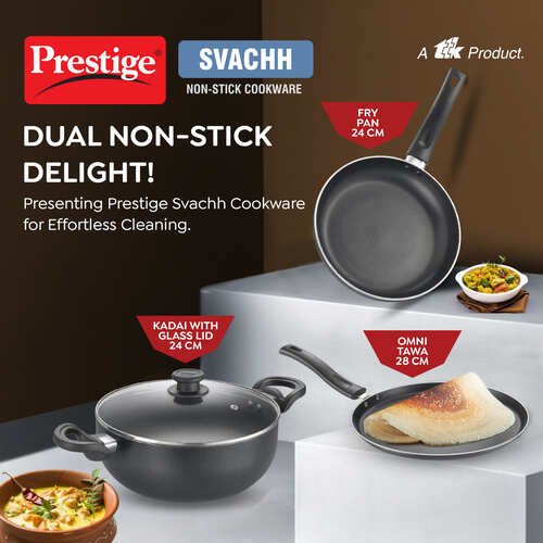 Prestige Svachh Byk Set Aluminium Non Stick Cookware, Omni Tawa Dia 28 Cm -1 Unit, Fry Pan Dia 24 Cm - 1 Unit, Kadai with Glass Lid Dia 24 cm -1 Unit
