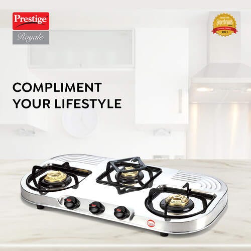 Prestige Royale DGS-03L Manual Stainless steel 3 Burners Gas Stove, Silver
