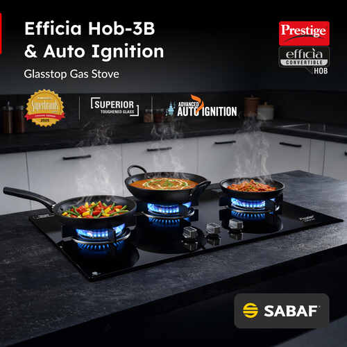 Prestige Efficia Convertible 3 Burner Glasstop Hob|One-Touch Advance Auto-Ignition|Cast-Iron Pan Support|Toughened Glass|SABAF Burners|Ultra-Slim Body|5 Years Warranty on Glass|Black