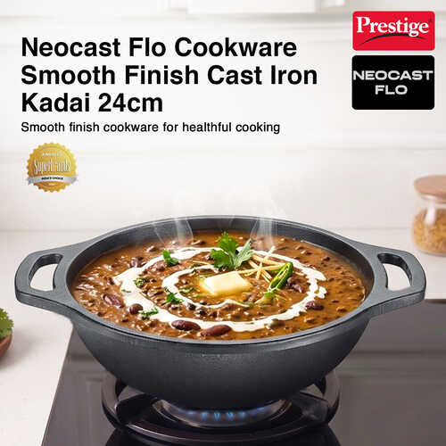 Prestige Cast Iron Kadai 24cm/2L | Ferrocast Flo | Non-Stick | Chemical Free | Preseasoned | Sturdy Handle | Healthy Eating | Gas & Induction Compatible | Lifetime Warranty