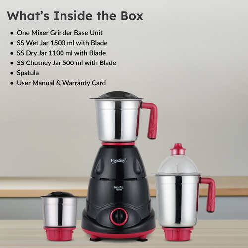 Prestige 750 Watts Regal Mixer Grinder with 3 Stainless Steel Jars| Appealing Design| Sturdy Handles| Red and Black