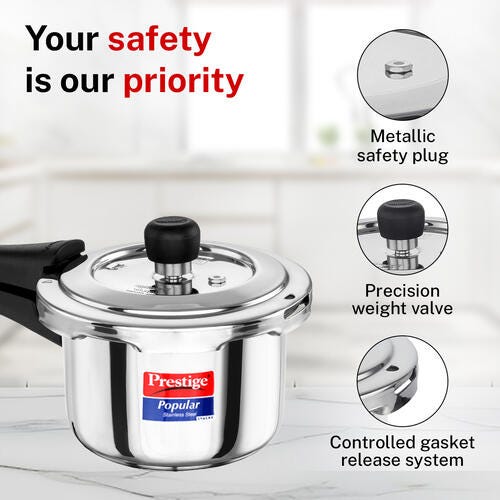 Prestige 1.5 Litre Stainless Steel Popular Outer Lid Pressure Cooker | Deep lid for spillage control | TRIPLY Base | Gas & Induction Compatible | Gasket Release System | 5Y Warranty | ISI Certified