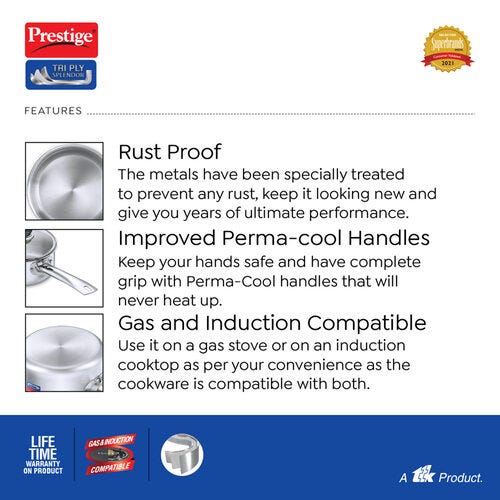 Prestige 18cm/2L Tri-Ply Stainless Steel Splendor Sauce Pan with Glass Lid|Gas and Induction Compatible| Even Heat Distribution|Strong and Durable| Perma-Cool Handles| Lifetime Warranty