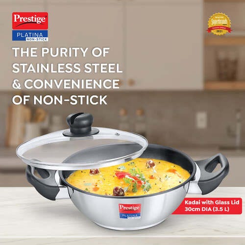 Prestige Platina Non-stick Stainless Steel Unique Impact Forged Bottom Kadai with Glass Lid, 30cm, 3.5L (Silver)