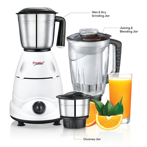 Prestige Brilliant 500W Blender Mixer Grinder, with Accessories - Stainless Steel Jars 2 Unit And Juicer Jar 1 Unit