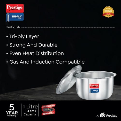 Prestige Tri-ply Stainless Steel Induction Base Tope with Lid, (Silver)