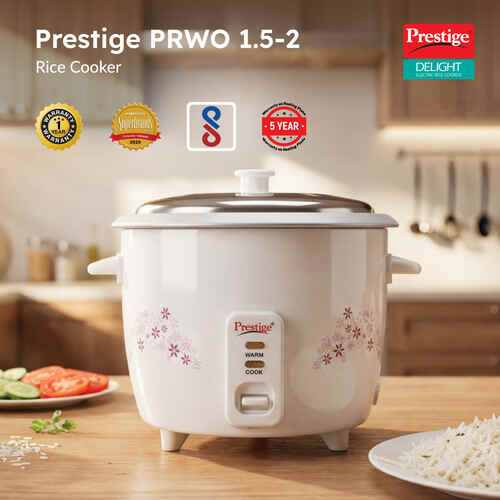 Prestige Delight PRWO-1.5-2 Double Pot Electric Rice Cooker(1.5L for Rice-Open Type, White, with Aluminium Cooking Pan-2 units 3.5 L pan Volume, 500 W)