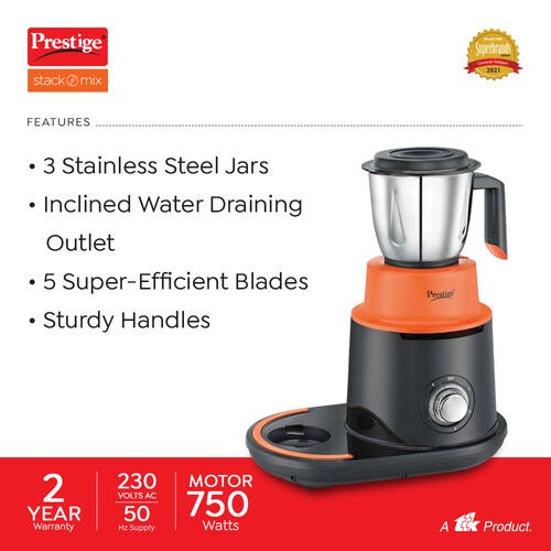 Prestige 750 Watts Stack-O-Mix Mixer Grinder with 3 Stainless Steel Jars| Jar Storage| Inclined Water Draining Outlet| Orange and Black