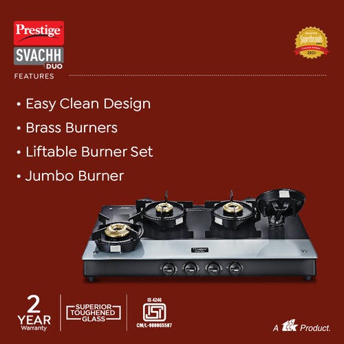 Prestige Svachh Duo Toughened Glasstop Gas Stove with Liftable 4 Burners (Black) - GTSD 04 L