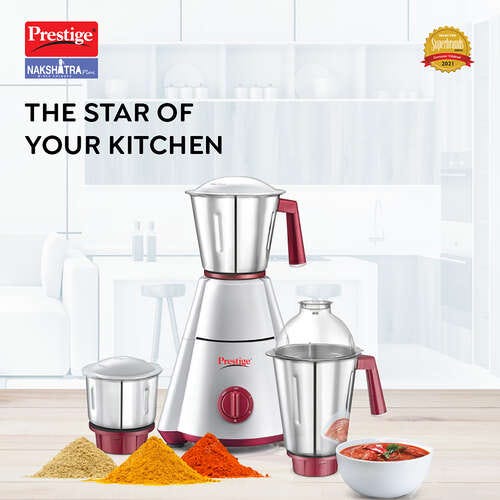 PRESTIGE NAKSHATRA PLUS 750 WATTS MIXER GRINDER, WITH ACCESSORIES - STAINLESS STEEL JARS 3 UNIT
