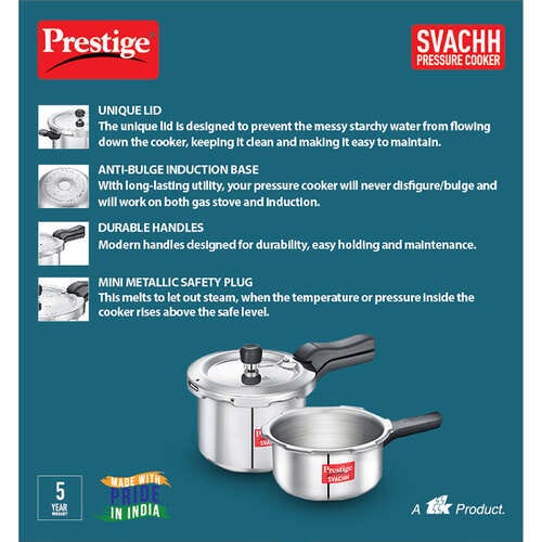 Prestige Svachh Aluminium Anti Bulge Gas and Induction Compatible Pressure Cooker Combo 3 L and 2 L (Silver)