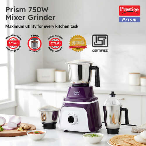 Prestige 750 Watts Prism Mixer Grinder with 3 Stainless Steel Jars| LED Power Indicator|Flow Breaker Design|Sturdy Handles| Purple and White